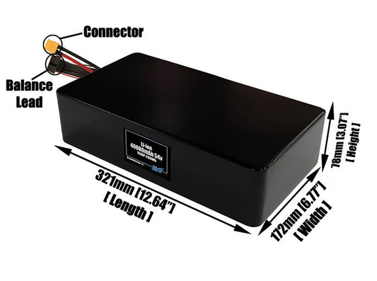 Size reference photo of the 40000mAh 54V lithium ion pack showing 321 mm by 172 mm by 78 mm dimensions ideal for drones or large robotic systems where space matters.