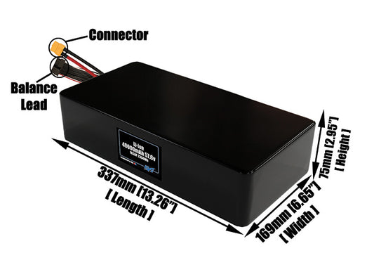 Size reference photo of the 40000mAh 57.6V lithium ion pack showing 337 mm by 169 mm by 75 mm dimensions ideal for drones or large robotic systems where space matters.