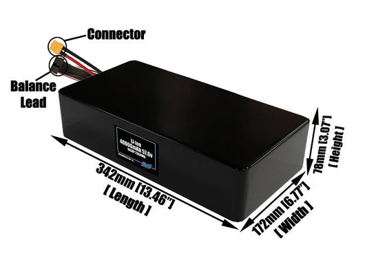 Size reference photo of the 40000mAh 57.6V lithium ion pack showing 342 mm by 172 mm by 78 mm dimensions ideal for drones or large robotic systems where space matters.
