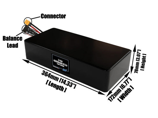 Size reference photo of the 40000mAh 61.2V lithium ion pack showing 364 mm by 172 mm by 78 mm dimensions ideal for drones or large robotic systems where space matters.