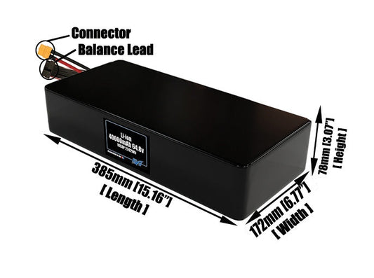 Size reference photo of the 40000mAh 64.8V lithium ion pack showing 385 mm by 172 mm by 78 mm dimensions ideal for drones or large robotic systems where space matters.