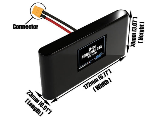 Size reference photo of the 40000mAh 3.6V lithium ion pack showing 23 mm by 172 mm by 78 mm dimensions ideal for drones or large robotic systems where space matters.