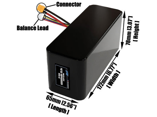 Size reference photo of the 40000mAh 10.8V lithium ion pack showing 65 mm by 172 mm by 78 mm dimensions ideal for drones or large robotic systems where space matters.