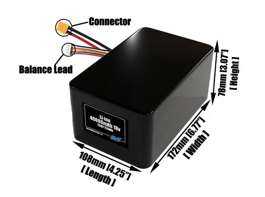 Size reference photo of the 40000mAh 18V lithium ion pack showing 108 mm by 172 mm by 78 mm dimensions ideal for drones or large robotic systems where space matters.