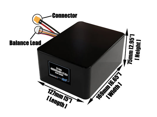 Size reference photo of the 40000mAh 21.6V lithium ion pack showing 127 mm by 169 mm by 75 mm dimensions ideal for drones or large robotic systems where space matters.