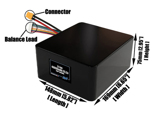 Size reference photo of the 40000mAh 25.2V lithium ion pack showing 148 mm by 169 mm by 75 mm dimensions ideal for drones or large robotic systems where space matters.