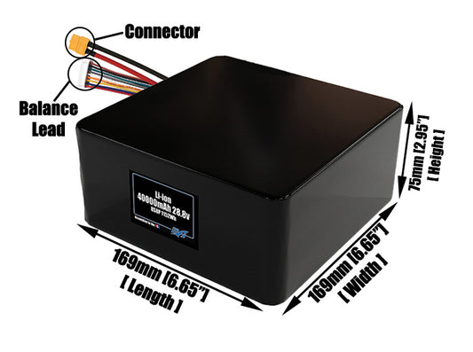 Size reference photo of the 40000mAh 28.8V lithium ion pack showing 169 mm by 169 mm by 75 mm dimensions ideal for drones or large robotic systems where space matters.