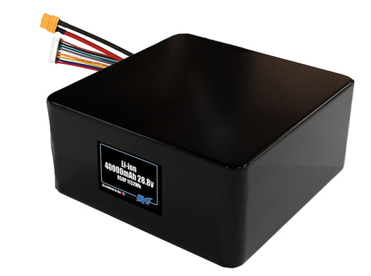 Compact 28.8-volt 40000mAh lithium-ion battery, built for lightweight drone, UAV, and robotics projects.