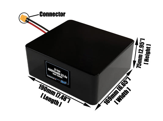 Size reference photo of the 40000mAh 32.4V lithium ion pack showing 190 mm by 169 mm by 75 mm dimensions ideal for drones or large robotic systems where space matters.
