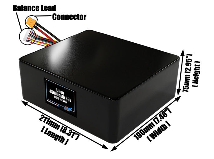 Size reference photo of the 45000mAh 36V lithium ion pack showing 211 mm by 190 mm by 75 mm dimensions ideal for drones or large robotic systems where space matters.