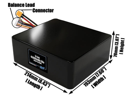 Size reference photo of the 45000mAh 36V lithium ion pack showing 214 mm by 193 mm by 78 mm dimensions ideal for drones or large robotic systems where space matters.