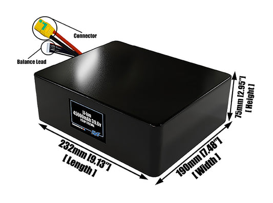 Size reference photo of the 45000mAh 39.6V lithium ion pack showing 232 mm by 190 mm by 75 mm dimensions ideal for drones or large robotic systems where space matters.
