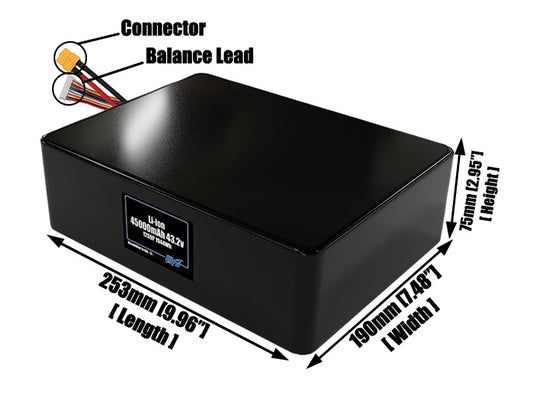 Size reference photo of the 45000mAh 43.2V lithium ion pack showing 253 mm by 190 mm by 75 mm dimensions ideal for drones or large robotic systems where space matters.
