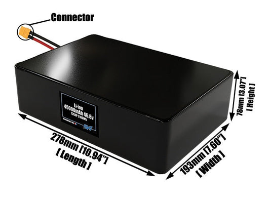 Size reference photo of the 45000mAh 46.8V lithium ion pack showing 278 mm by 193 mm by 78 mm dimensions ideal for drones or large robotic systems where space matters.