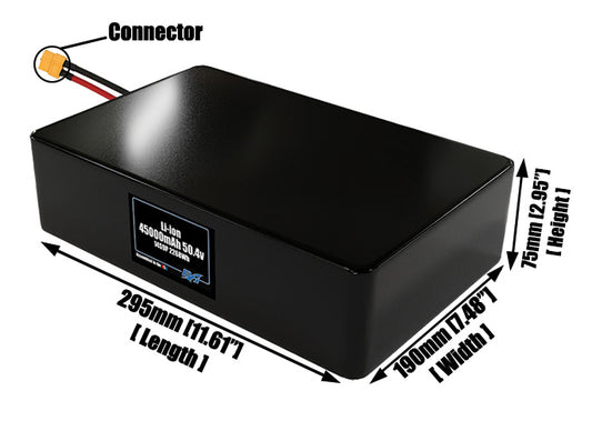 Size reference photo of the 45000mAh 50.4V lithium ion pack showing 295 mm by 190 mm by 75 mm dimensions ideal for drones or large robotic systems where space matters.