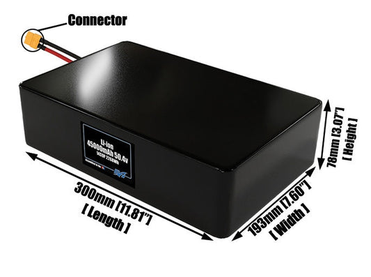 Size reference photo of the 45000mAh 50.4V lithium ion pack showing 300 mm by 193 mm by 78 mm dimensions ideal for drones or large robotic systems where space matters.