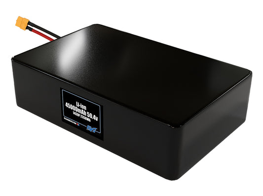 Compact 50.4-volt 45000mAh lithium-ion battery, built for lightweight drone, UAV, and robotics projects.