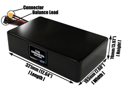 Size reference photo of the 45000mAh 54V lithium ion pack showing 321 mm by 193 mm by 78 mm dimensions ideal for drones or large robotic systems where space matters.