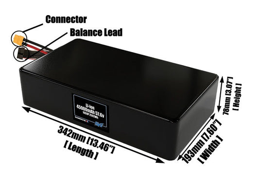 Size reference photo of the 45000mAh 57.6V lithium ion pack showing 342 mm by 193 mm by 78 mm dimensions ideal for drones or large robotic systems where space matters.