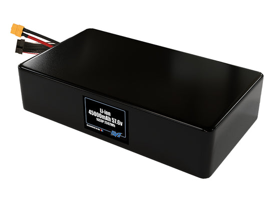 Compact 57.6-volt 45000mAh lithium-ion battery, built for lightweight drone, UAV, and robotics projects.