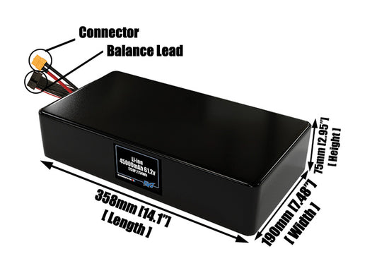 Size reference photo of the 45000mAh 61.2V lithium ion pack showing 358 mm by 190 mm by 75 mm dimensions ideal for drones or large robotic systems where space matters.