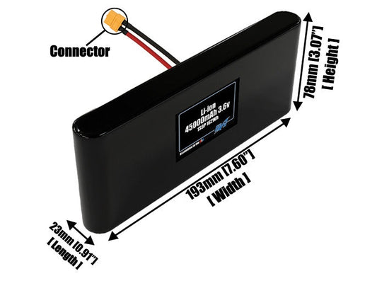 Size reference photo of the 45000mAh 3.6V lithium ion pack showing 23 mm by 193 mm by 78 mm dimensions ideal for drones or large robotic systems where space matters.