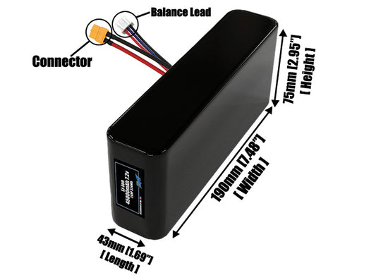 Size reference photo of the 45000mAh 7.2V lithium ion pack showing 43 mm by 190 mm by 75 mm dimensions ideal for drones or large robotic systems where space matters.