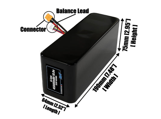 Size reference photo of the 45000mAh 10.8V lithium ion pack showing 64 mm by 190 mm by 75 mm dimensions ideal for drones or large robotic systems where space matters.