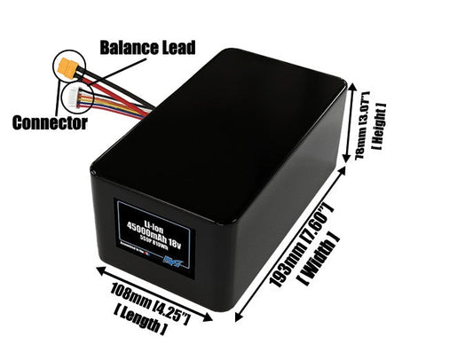 Size reference photo of the 45000mAh 18V lithium ion pack showing 108 mm by 193 mm by 78 mm dimensions ideal for drones or large robotic systems where space matters.