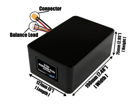 Size reference photo of the 45000mAh 21.6V lithium ion pack showing 127 mm by 190 mm by 75 mm dimensions ideal for drones or large robotic systems where space matters.