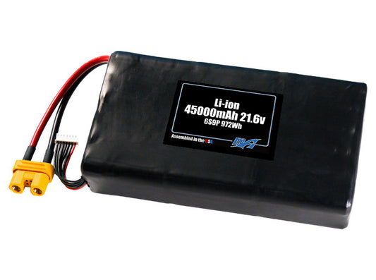 Compact 21.6-volt 45000mAh lithium-ion end to end battery, built for lightweight drone, UAV, and robotics projects.