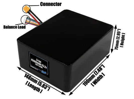 Size reference photo of the 45000mAh 25.2V lithium ion pack showing 148 mm by 190 mm by 75 mm dimensions ideal for drones or large robotic systems where space matters.