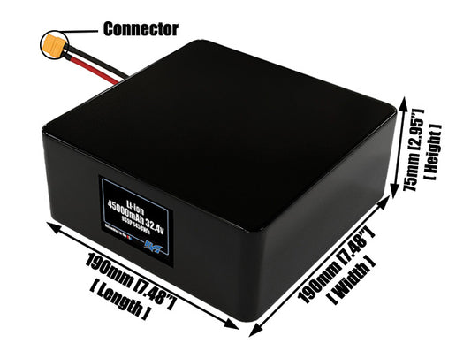 Size reference photo of the 45000mAh 32.4V lithium ion pack showing 190 mm by 190 mm by 75 mm dimensions ideal for drones or large robotic systems where space matters.