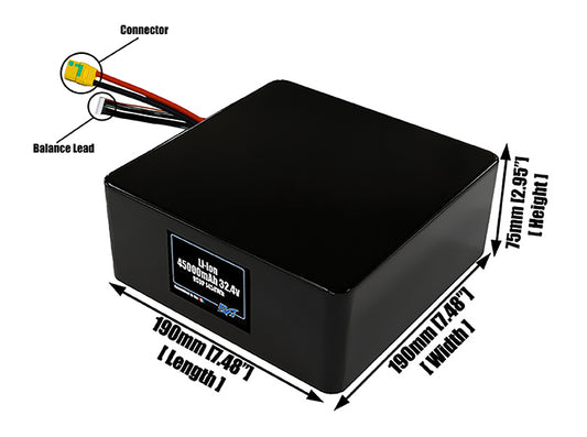 Size reference photo of the 45000mAh 32.4V lithium ion pack showing 190 mm by 190 mm by 75 mm dimensions ideal for drones or large robotic systems where space matters.