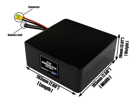 Size reference photo of the 45000mAh 32.4V lithium ion pack showing 193 mm by 193 mm by 78 mm dimensions ideal for drones or large robotic systems where space matters.