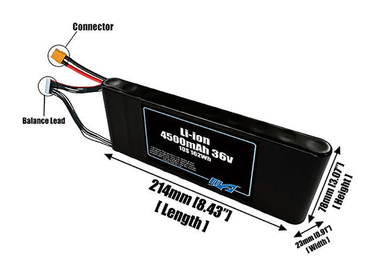 Size reference photo of the 4500mAh 36V Li-ion pack showing 214 mm by 23 mm by 78 mm dimensions ideal for drones or small robotic systems where space matters.