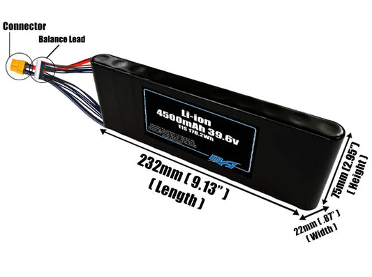 Size reference photo of the 4500mAh 39.6V Li-ion pack showing 232 mm by 22 mm by 75 mm dimensions ideal for drones or small robotic systems where space matters.