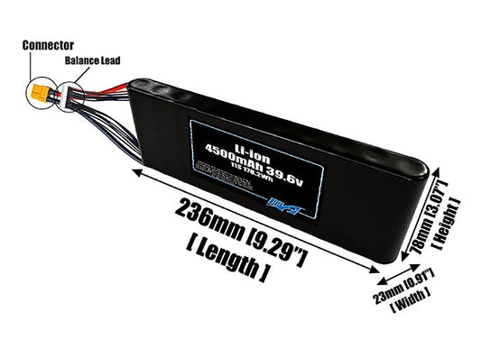 Size reference photo of the 4500mAh 39.6V Li-ion pack showing 236 mm by 23 mm by 78 mm dimensions ideal for drones or small robotic systems where space matters.