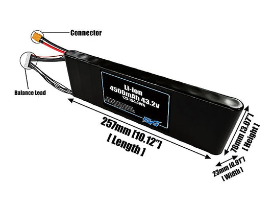 Size reference photo of the 4500mAh 43.2V Li-ion pack showing 257 mm by 23 mm by 78 mm dimensions ideal for drones or small robotic systems where space matters.