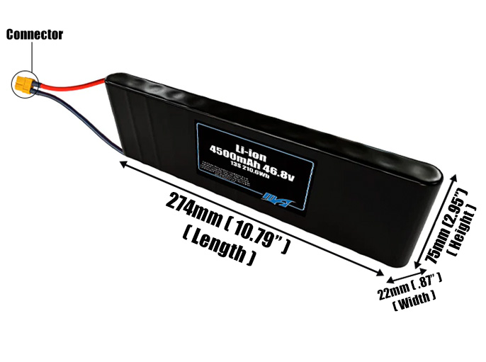 Size reference photo of the 4500mAh 46.8V Li-ion pack showing 274 mm by 22 mm by 75 mm dimensions ideal for drones or small robotic systems where space matters.