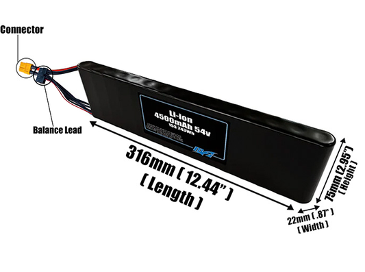 Size reference photo of the 4500mAh 54V Li-ion pack showing 316 mm by 22 mm by 75 mm dimensions ideal for drones or small robotic systems where space matters.