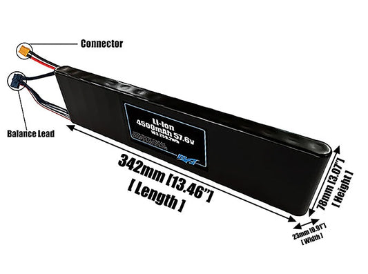 Size reference photo of the 4500mAh 57.6V Li-ion pack showing 342 mm by 23 mm by 78 mm dimensions ideal for drones or small robotic systems where space matters.