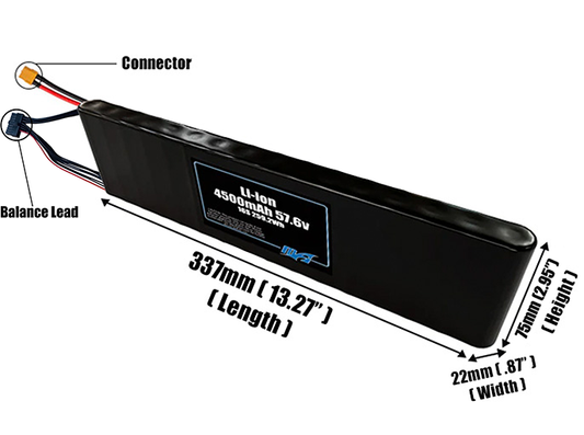 Size reference photo of the 4500mAh 57.6V Li-ion pack showing 337 mm by 22 mm by 75 mm dimensions ideal for drones or small robotic systems where space matters.