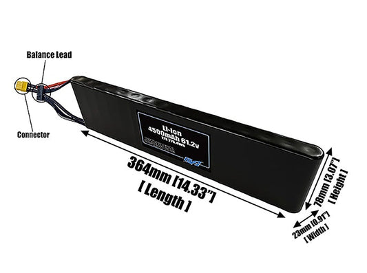 Size reference photo of the 4500mAh 61.2V Li-ion pack showing 364 mm by 23 mm by 78 mm dimensions ideal for drones or small robotic systems where space matters.