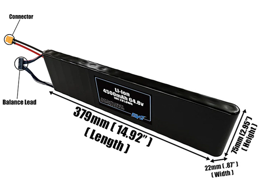 Size reference photo of the 4500mAh 64.8V Li-ion pack showing 379 mm by 22 mm by 75 mm dimensions ideal for drones or small robotic systems where space matters.