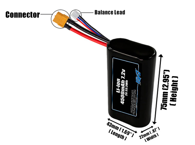 Size reference photo of the 4500mAh 7.2V Li-ion pack showing 43 mm by 22 mm by 75 mm dimensions ideal for drones or small robotic systems where space matters.