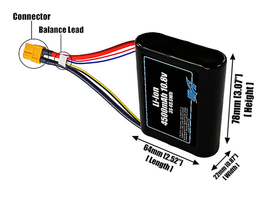 Size reference photo of the 4500mAh 10.8V Li-ion pack showing 64 mm by 22 mm by 78 mm dimensions ideal for drones or small robotic systems where space matters.