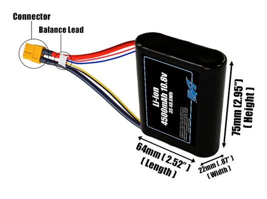 Size reference photo of the 4500mAh 10.8V Li-ion pack showing 64 mm by 22 mm by 75 mm dimensions ideal for drones or small robotic systems where space matters.
