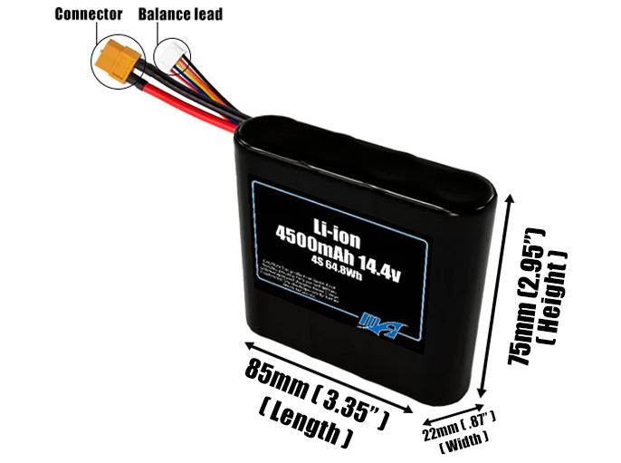 Size reference photo of the 4500mAh 14.4V Li-ion pack showing 85 mm by 22 mm by 75 mm dimensions ideal for drones or small robotic systems where space matters.