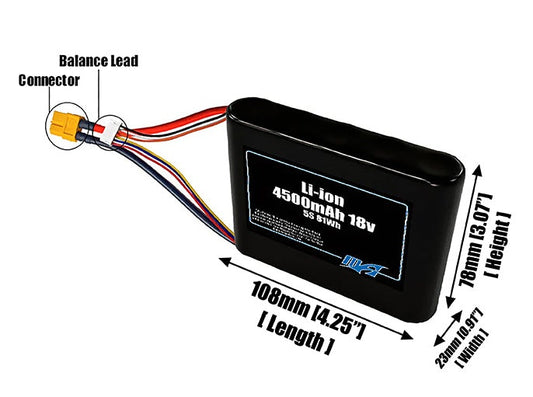 Size reference photo of the 4500mAh 18V Li-ion pack showing 108 mm by 23 mm by 78 mm dimensions ideal for drones or small robotic systems where space matters.